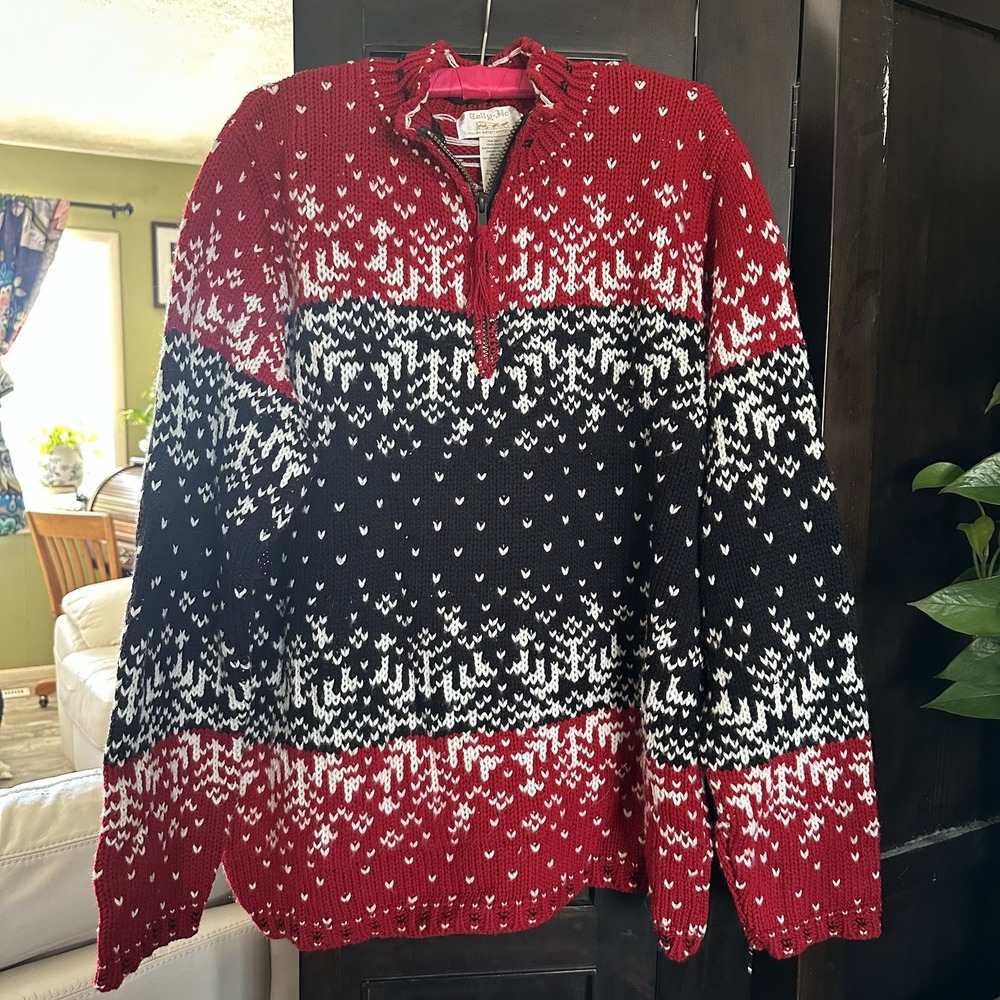 Tally Ho Sweater Women's L Red Black Fair Isle Mock Neck 1/4 Zip Ski Outdoor